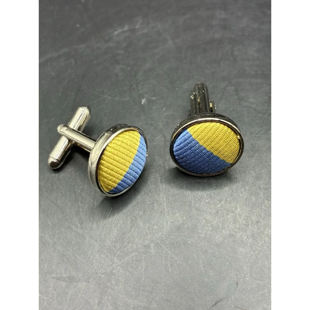 Vintage Silver Tone Cufflinks Blue Gold Woven Fabric Inlay Round Mid Century